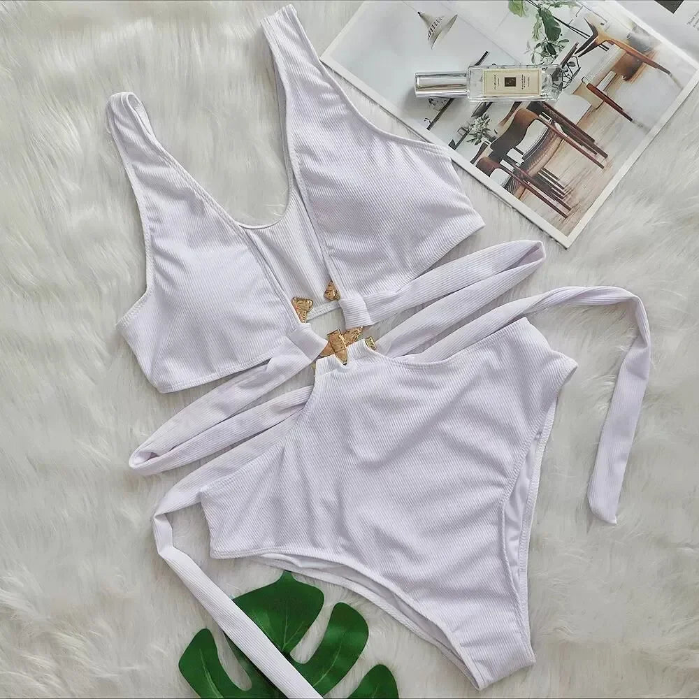 4 Colors New Sexy One Piece Swimsuit Swimwear Women Deep V-neck Hollow High Waist One-piece Bathing Suit Beachwear Metal Hoop