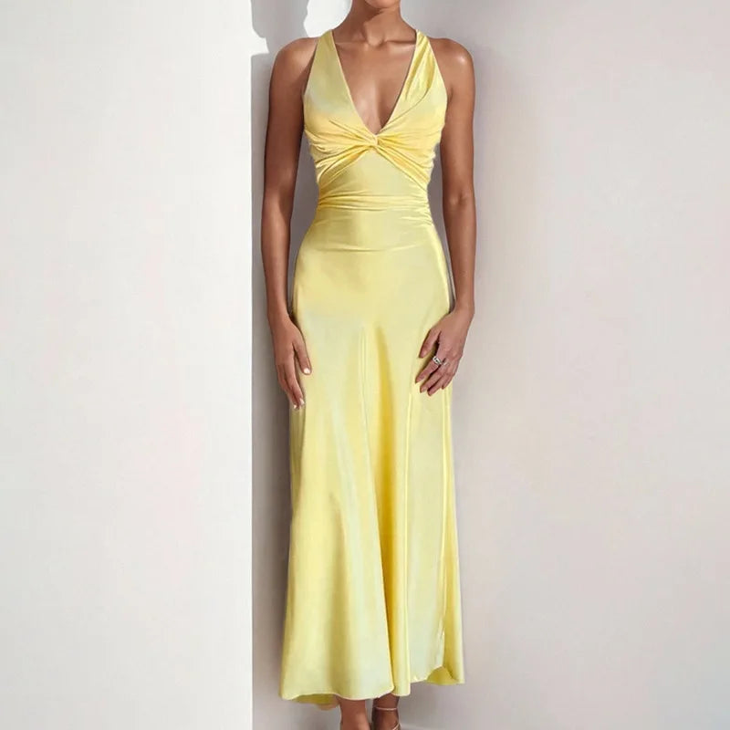Sexy Elegant Party Long Dress Fashion Summer Solid Color V-Neck Halter Neck 2025 Backless Vestidos Sleeveless Beach Maxi Dresses