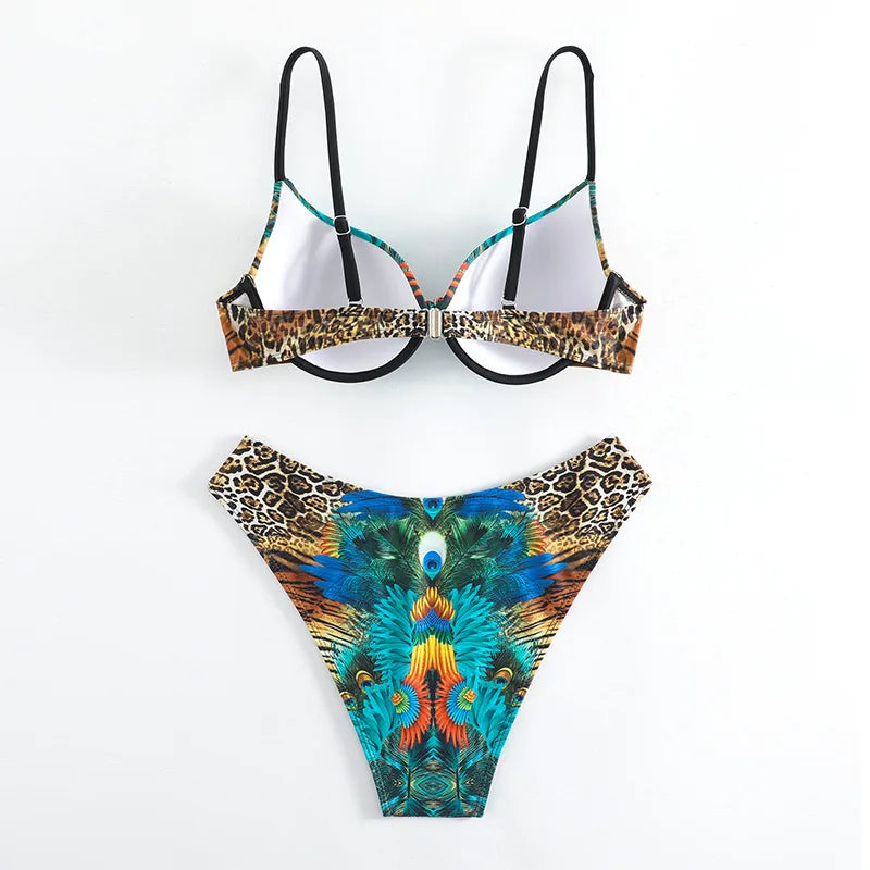 XS-XXL Sexy Peacock Leopard Print High Waist Push Up Bikini Set Two Pieces Swimsuit Beachwear Bathing Suit Swimwear Biquini
