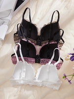 3Pcs Floral Lace Women Bras Rhinestone Thin Cup Underwire Push-Up Bra Daily Wear Comfortable Lingerie