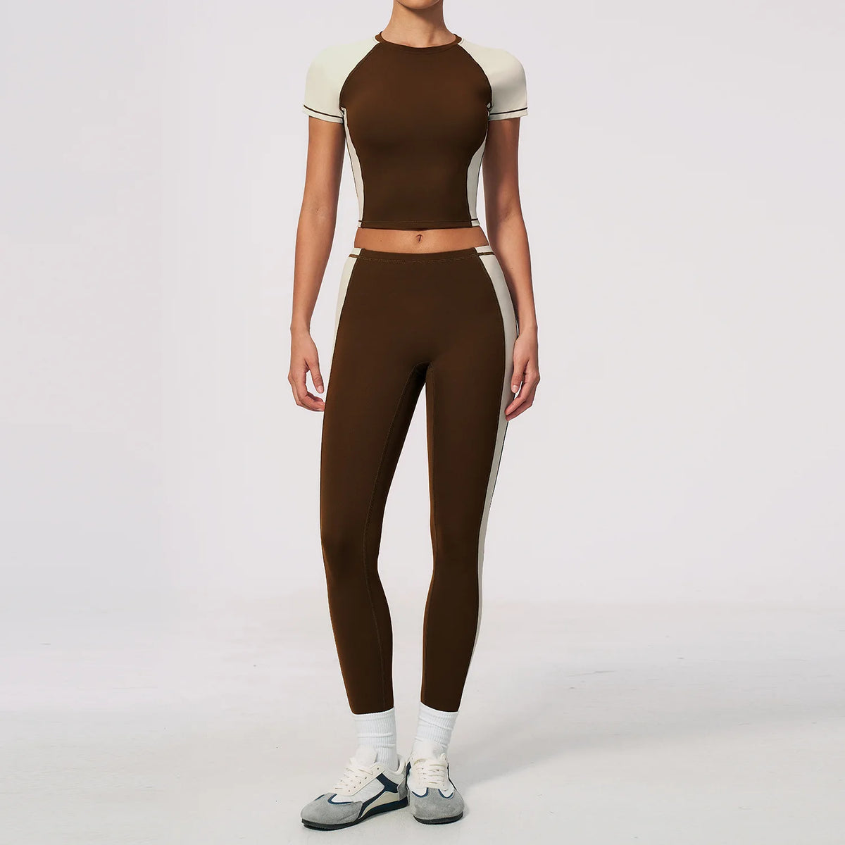 Nake Yoga Set Women's Tracksuit Color Contrast Short Sleeve Slim Sports T Shirts High Waist Leggings Fitness Clothes Gym Outfits