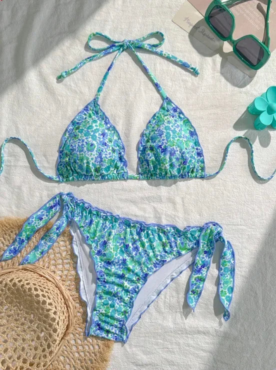 Women Cute Bikini Set 2025 New Summer Orange Floral Print Halter Ruffles Push Up Tie Side Thong Swimsuit Bathing Suit