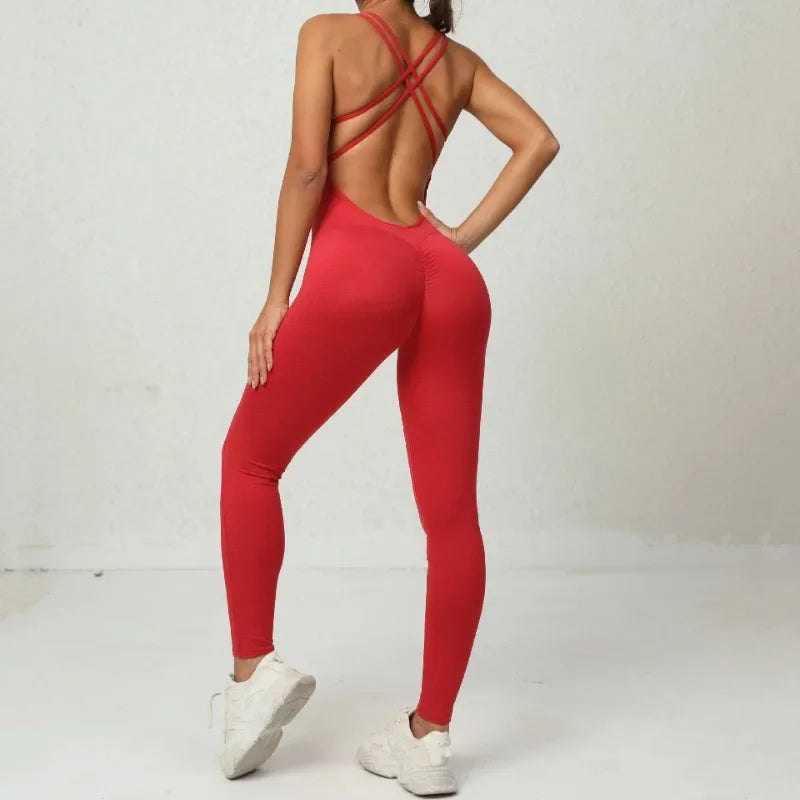 Seamless High-Waisted Peach Hip Yoga Jumpsuit for Women - Fast Drying Sweat-Wicking Tight Running Sports Jogging Gym Activewear