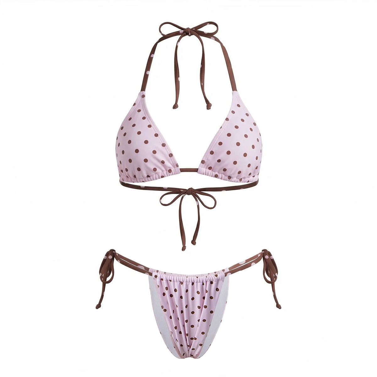 Women Summer 2 Pieces Bikini Swimsuits Dot Print Tie-Up Halter Neck Sleeveless Padded Bra Thong Bottoms Beach Bathing Suit Set