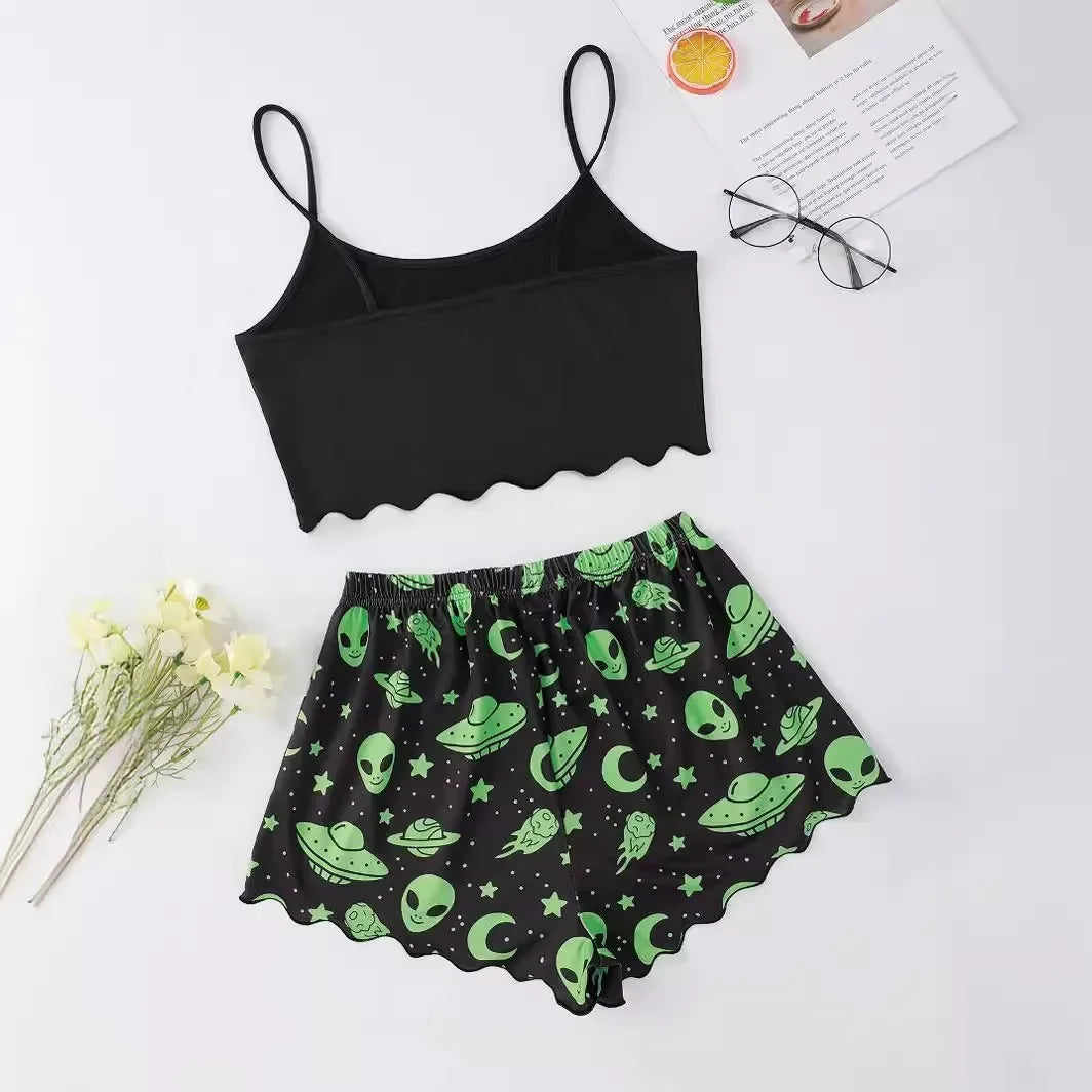 Sexy Alien Print Sling Sleepwear Women's Pajamas Set V-Neck Pyjamas Female Homewear Sleeveless CuteTop And Shorts