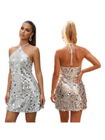 Women Summer Mini Dress Sparkly Sequin Sleeveless Halter Backless Slip Dress for Evening Party Date Night Streetwear