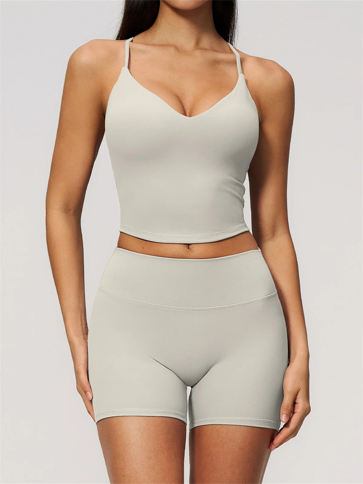 New Yoga Sets Women V Neck Back Criss Cross Sports Tank Top High Waist Butt Lift Shorts Fitness Suit Gym Running Workout Clothes