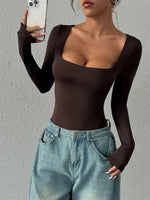 Basic Square Neck Long Sleeve Bodysuit Blouse for Women Autumn Winter Sexy Slim Fit Solid Color Bodysuits Streetwear Y2K