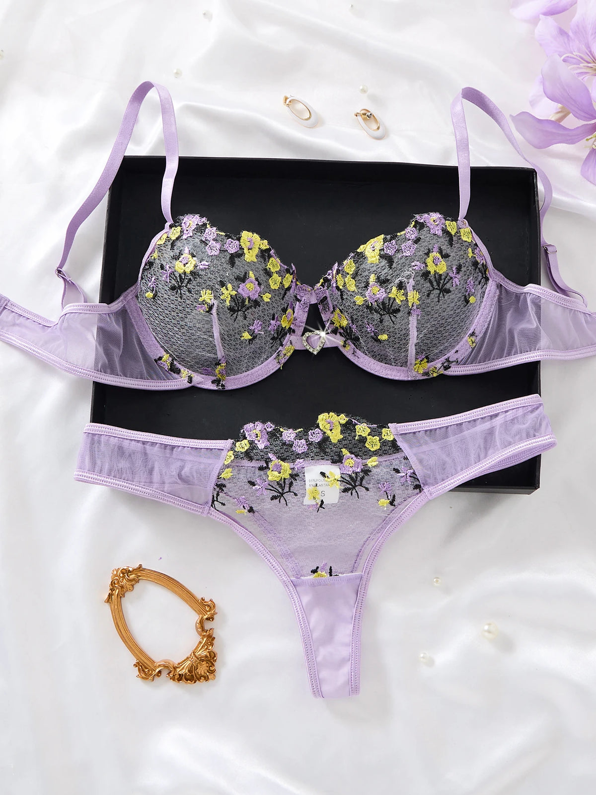 Women's Purple Floral Embroidery Lingerie Set Half Cup Push Up Bra And Thong Sheer Mesh Lace Comfortable Sexy Underwear ZA824026