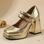 Big Size 32-46 Y2K Metallic Mary Jane High Heels Women Shoes Round Toe Double Straps Rhinestone Buckle Platform Block Heel Pumps