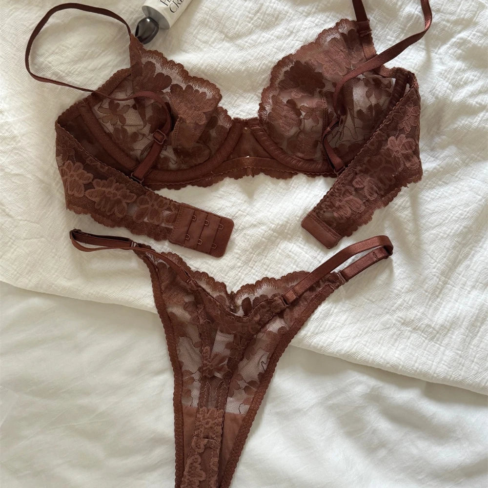 Sexy Lace Flowers Embroidery Lingerie Set for Women Ultra Thin Breathable Bra Button Decoration Underwear French Bras Thong Sets