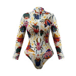 S - XXL New One Piece Swimsuit Women Swimwear Female Padded Bather Bathing Suit Swim With Pants Zipper Printed Long Sleeve K8113