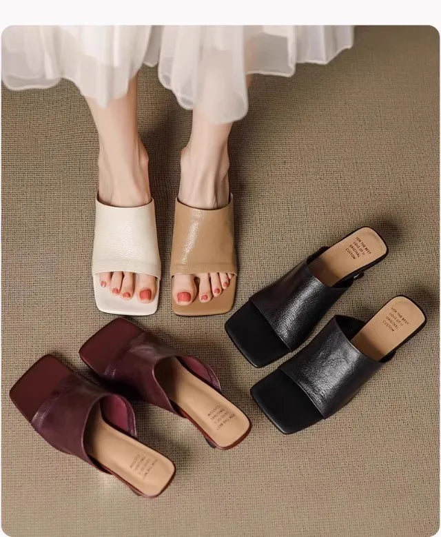 LuxeSquare Toe Slide Sandals Premium Leather One Strap Mules Chunky Sole Backless Loafers Dressy Casual Summer Shoes