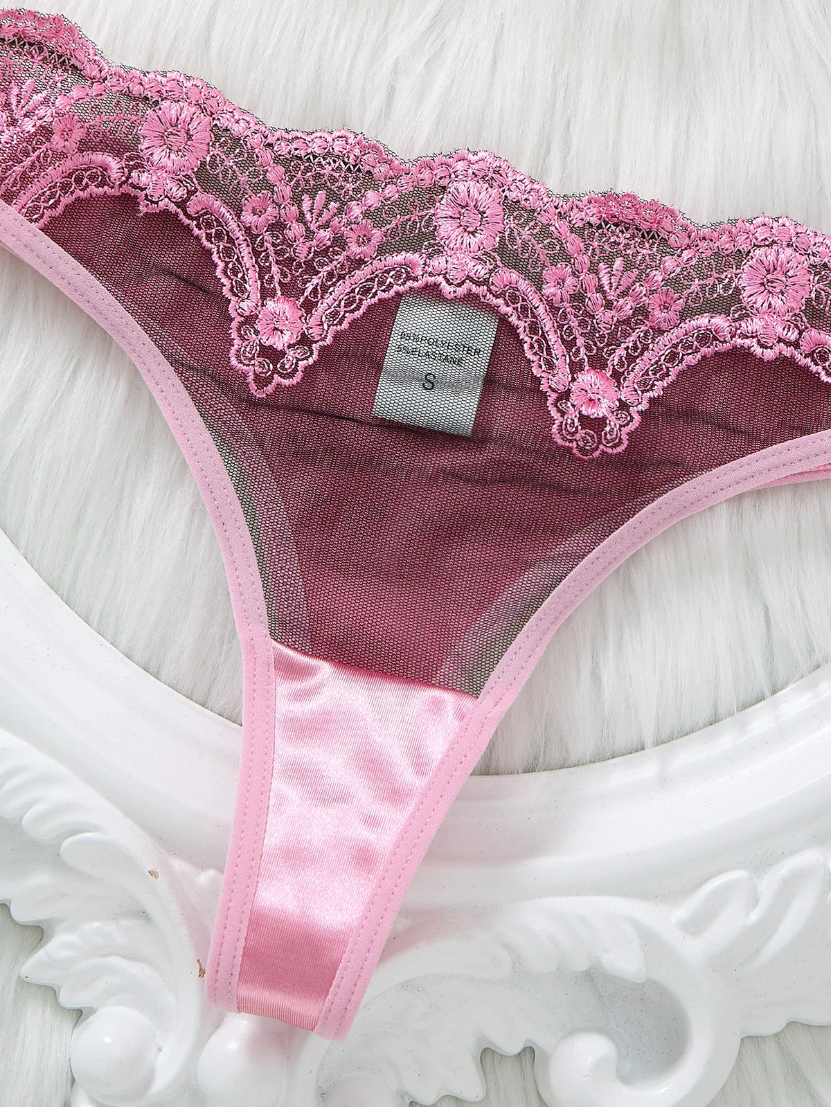 Soft breeze pink satin lace lingerie set - gathered half-cup bra thong set - sexy and comfortable lace trimmed lingerie ZA825289