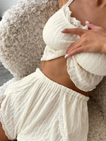Women 2 Piece Pajama Set Lace Trim Camisole Shorts Textured Hollow Out Summer Sleepwear Lightweight Home Loungewear