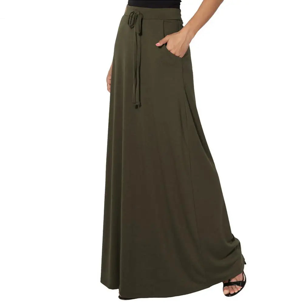 Women Maxi Skirt Adjustable Drawstring High-Waisted Solid Color Long Skirt with Pockets Casual Work Skirt Skirts for women