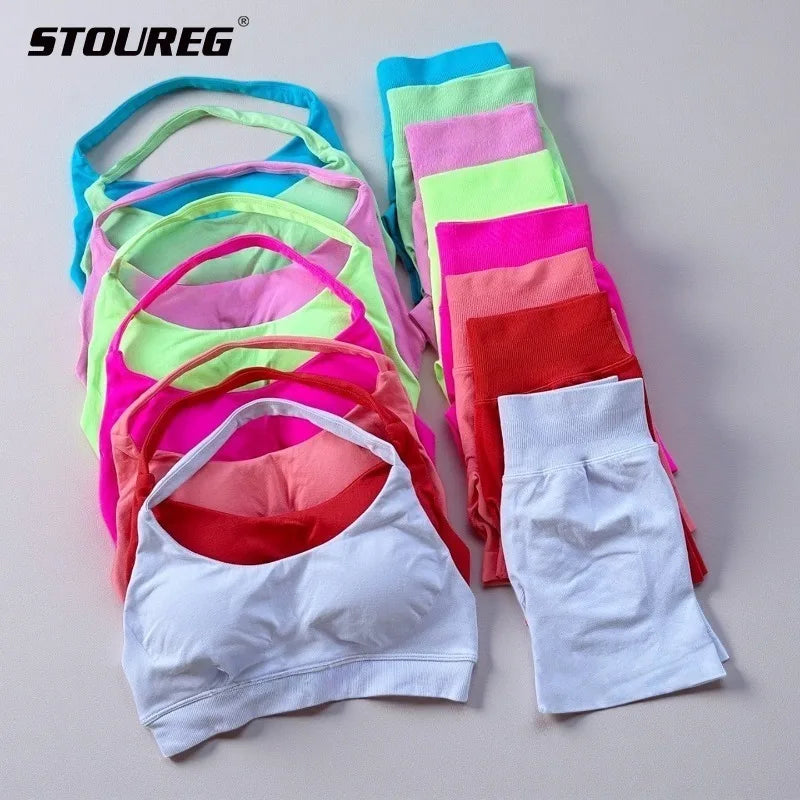 STOUREG Women's Fashion 2 Piece Sports Set Lace Up Sports Bra Seamless Shorts Leggings Yoga Gym Fitness Running Tracksuit