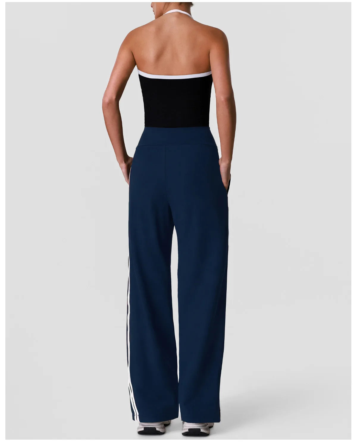New Contrasting Striped Yoga Sets Women Hanging Neck Slim Sports Vest Gym Outfits High Waist Pocket Pants Running Fitness Suits