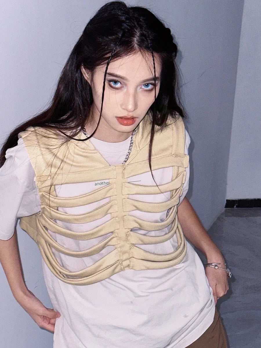 Women Gothic Vest Coat Hollowed Skeletal Gilet Hoodie Sleeveless Hooded Waistcoat Streetwear for Party