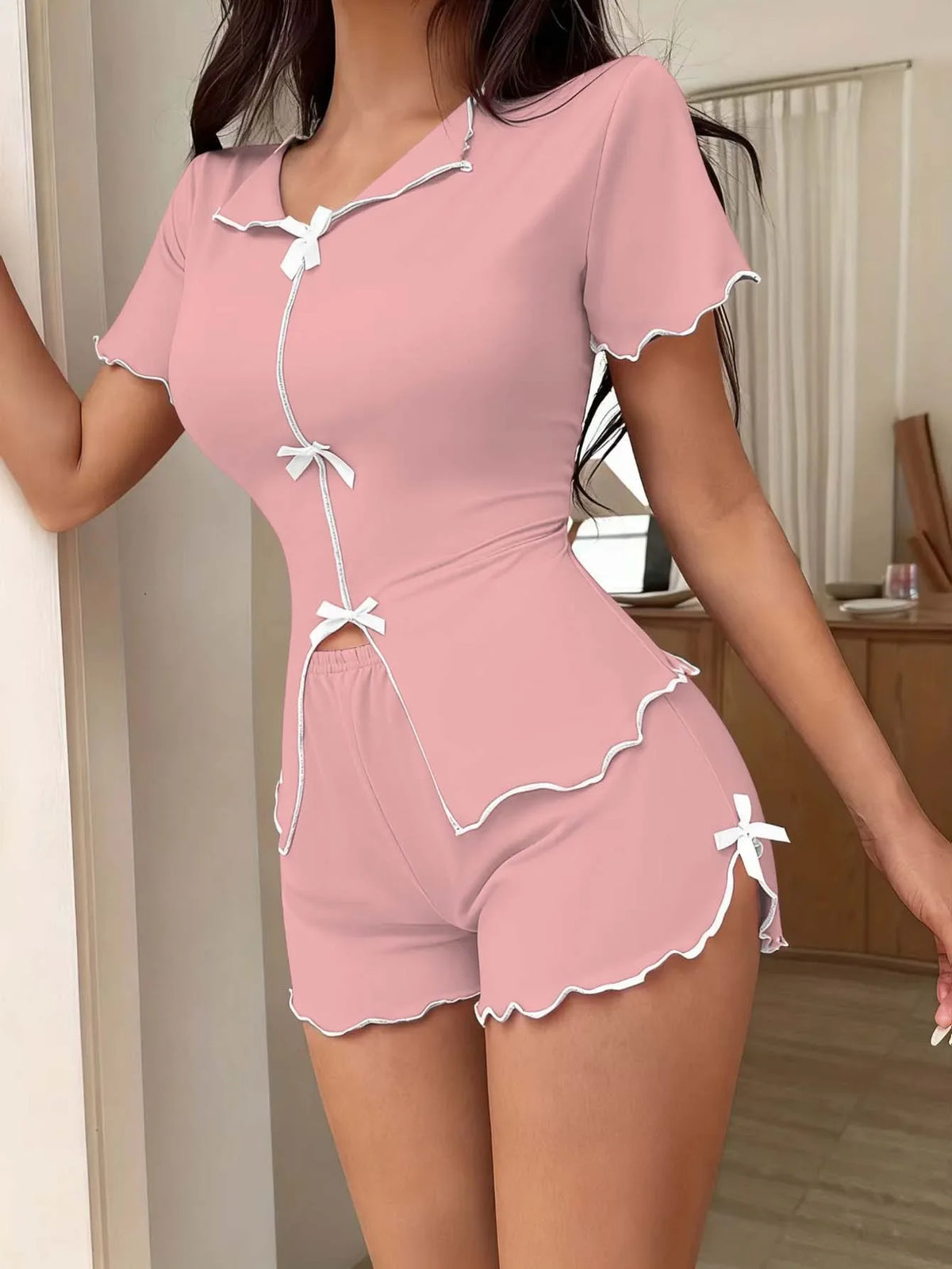 Women's Summer Sleepwear Pajamas Set Bow Short Sleeve Top and Shorts 2 Piece Set Casual Home Wear Loungewear