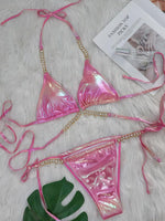 PU Faux Leather Bikinis Wrap Around Diamond Bikini Women Swimsuit Female Swimwear Two-pieces Bikini Set Halter Bathing Suit Swim