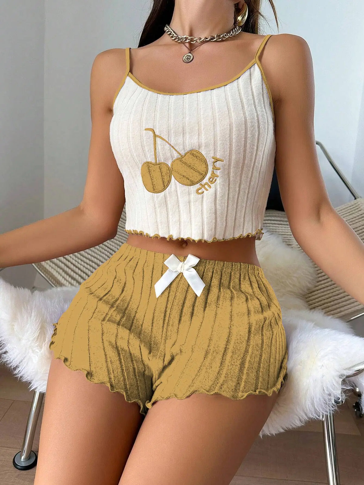 New 2pcs Pajamas Set for Women Casual Simple Ground Wool Halter Vest Shorts Set Home Wear Sleepwear Loungerwear
