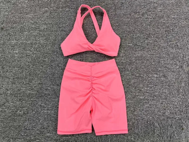 Seamless Yoga Fitness Sets Women High Waist Hip-Lifting Shorts & Sports Bra Workout for Running Gym