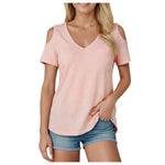 Women V Neck Cold Shoulder Short Sleeve T Shirt Soft Loose Fit Solid Color Basic Tees Spring Summer Casual Daily Streetwear 2026