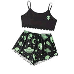 Summer Sleepwear Women Pajamas Set Alien Pattern Printed Sports Camisole Tops and Shorts Casual Loungewear
