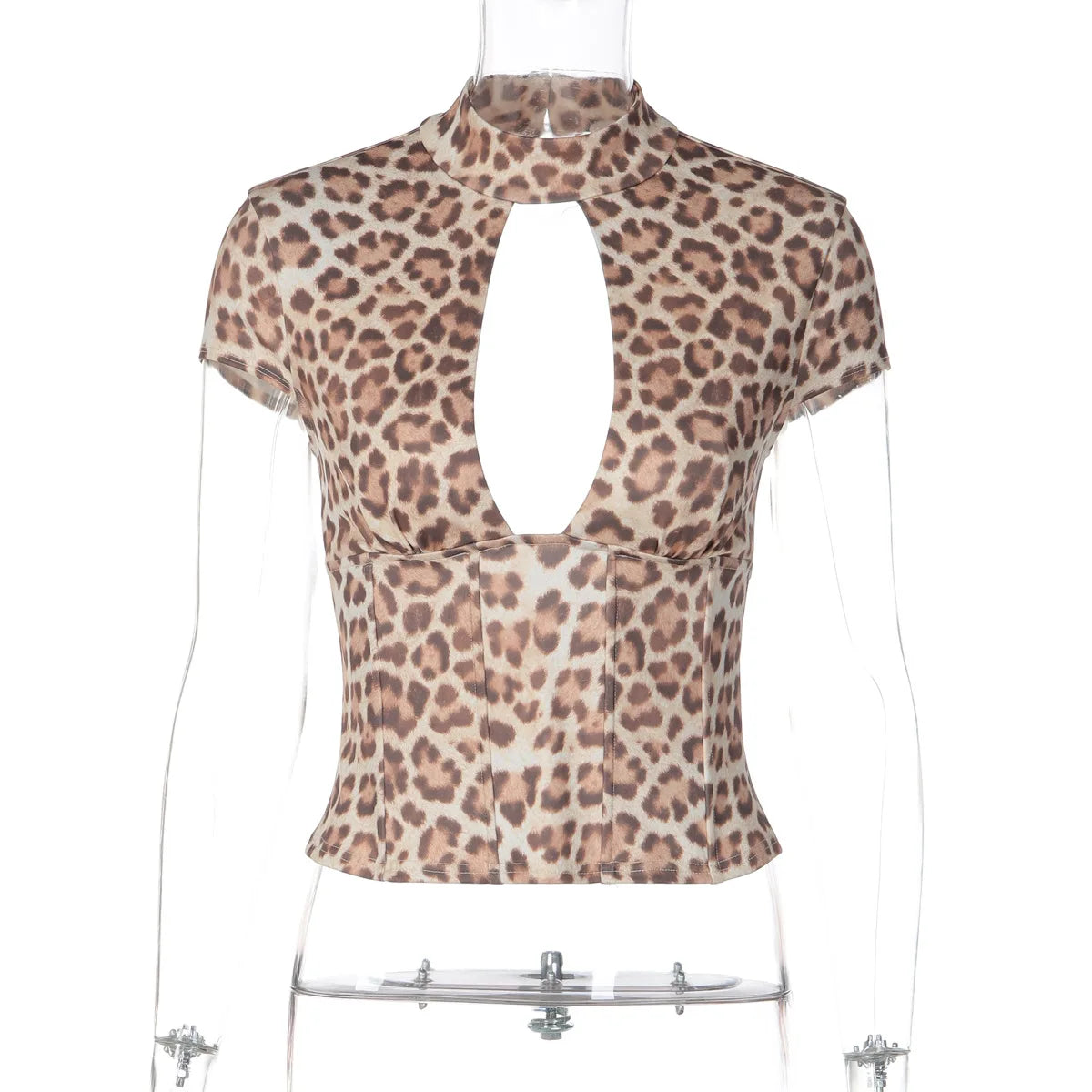 FDYOUI 2026 Summer Hollow Out Backless T-shirts Women's Sexy Short Sleeve Leopard Print Tee Shirt Lady Slim Crop Tops Streetwear