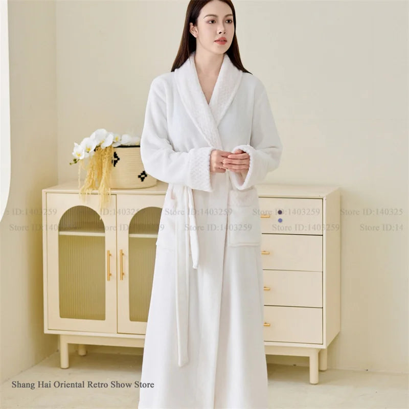 Couple Plus Size Winter Bathrobe Thick Coral Fleece Long Robe Soft Flannel Kimono Gown Loose Home Sleepwear Loungewear