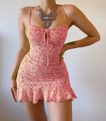 Floral Print Spaghetti Strap Dresses Women Sexy Low Cut Hollow Out Leace-up Package Hip Ruffles Mini Dress Female Vestidos 2024