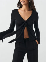 Women's Spring Summer Slimming Crop Tops Long Sleeve V Neck Tie Up Solid Color Trendy T-shirt