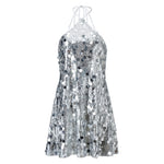 Women Summer Mini Dress Sparkly Sequin Sleeveless Halter Backless Slip Dress for Evening Party Date Night Streetwear