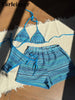 New Sexy Striped Halter Bikini Women Swimwear Three-pieces Bikini set With Shorts Female Swimsuit Bathing Suit Bather Swim V6326