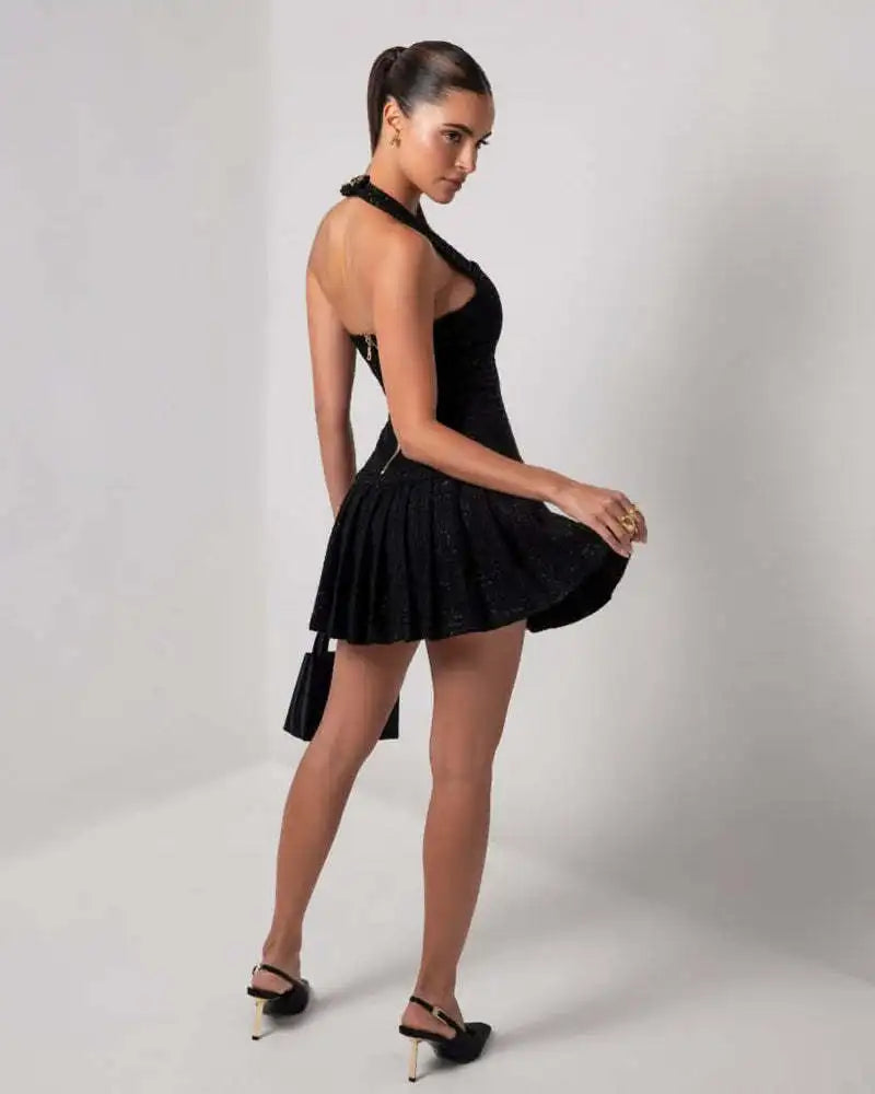 Temperament Elegant Women's Halter Neck Dress Solid Color Braid Fabric Pleated Short Dresses Socialite Commuting Style Vestidos
