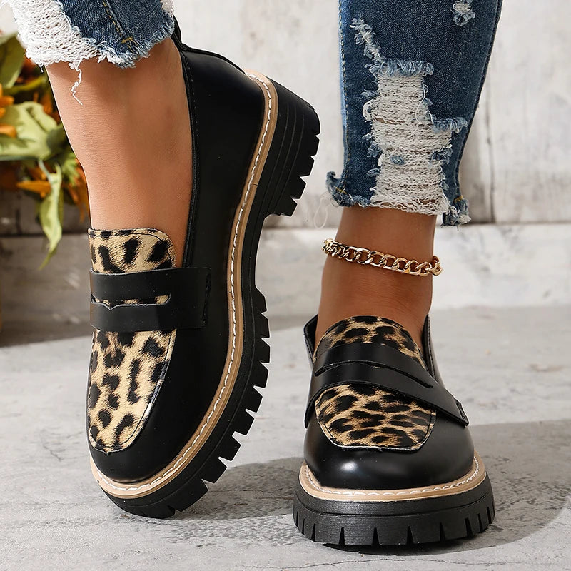 Fashion Leopard Print Platform Loafers Women Plus Size 43 Slip On Pu Leather Shoes Woman Comfort Thick Bottom Office Work Shoes
