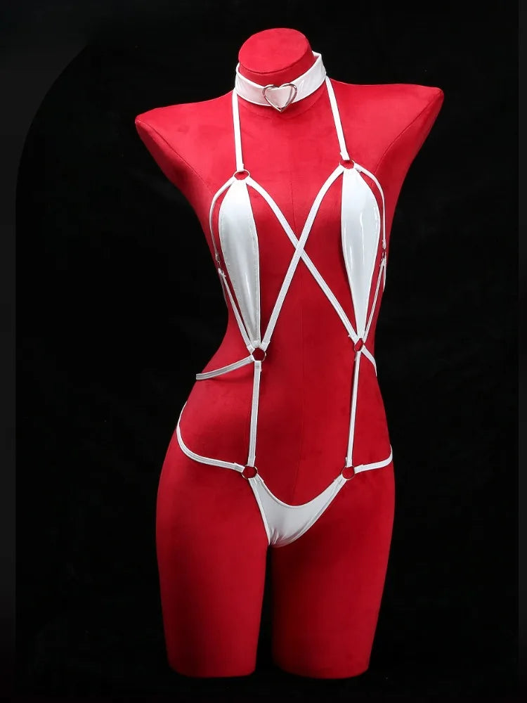Women Patent Leather Harness Lingerie with Heart Choker Open Back Crotch Less Erotic Bodysuit Intimate Club Wear for Night Party