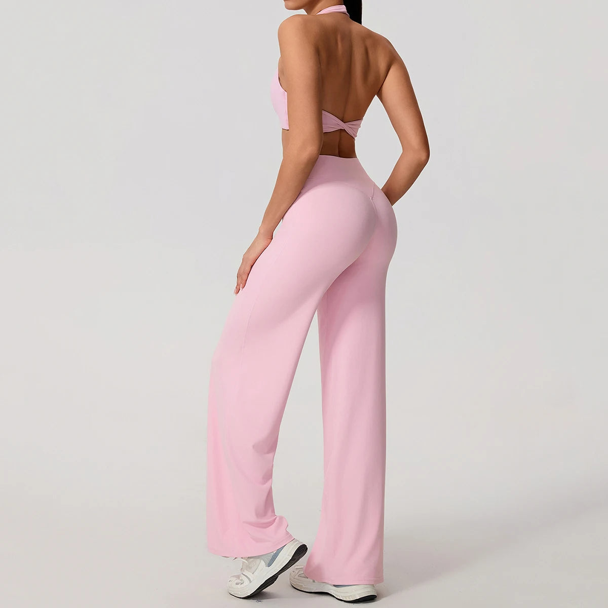 Hearuisavy Summer Yoga Set 2Pcs Women Breathable Backless Halter-Neck Sports Bra Push Up Pilates Fitness Top Straight Leg Pants