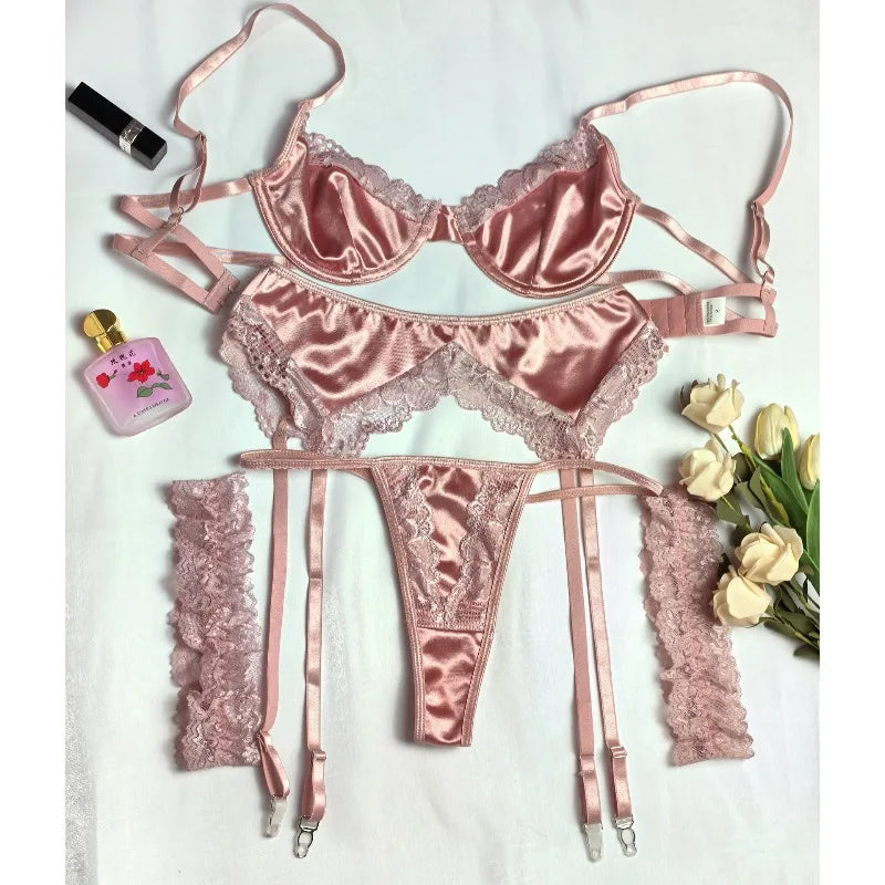 Toucheart 4PCS Patchwork Sexy Interesting Underwear Thong Set Slim Backless Lace Up Hollow OutFloral Mesh Sexy Underwear Set