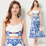 Women's Dress Blue And White Porcelain Retro Printed Metal Buckle Three-dimensional Strapless Top + Wide Skirt Two-piece Set