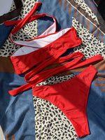 Halter Cross Bandage High Cut Bikini Women Swimsuit Female Swimwear Two-pieces Bikini Set Hollow Out Bather Bathing Suit Swim