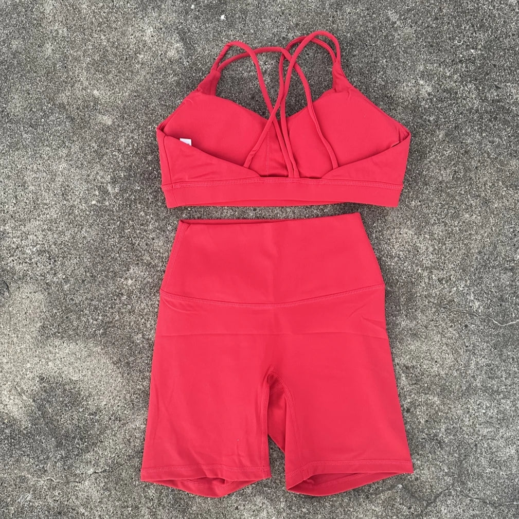 Solid Color Soft Women Gym Yoga Short Cycling Set Cross Back GymBra+High Waist Short Leggings High impact shockproof Sportwear