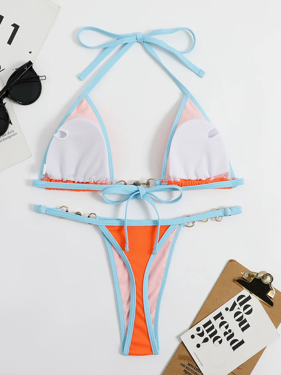 Pearl Thong Bikinis 2025 Women Sexy Triangle Swimsuit Solid Brazil Swimwear Female Padded Bathing Swimming Suit Beachwear Summer