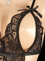 Women’s Floral Lace Bodysuit Lingerie, Red Sheer Mesh Teddy with Bowknot Straps, Front Cutout Thong Sleepwear for Anniversary
