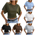 Y2k Solid Cotton O-Neck Ruched Waist Short Top Women Short-Sleeved Loose T-Shirt Causal All-Match Short Summer Basic T Shirts