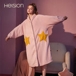 Unisex Men Women Warm Loungewear Dressing Gown Winter Thickened Coral Fleece Kimono Bathrobe with Star Pockets