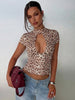 FDYOUI 2026 Summer Hollow Out Backless T-shirts Women's Sexy Short Sleeve Leopard Print Tee Shirt Lady Slim Crop Tops Streetwear