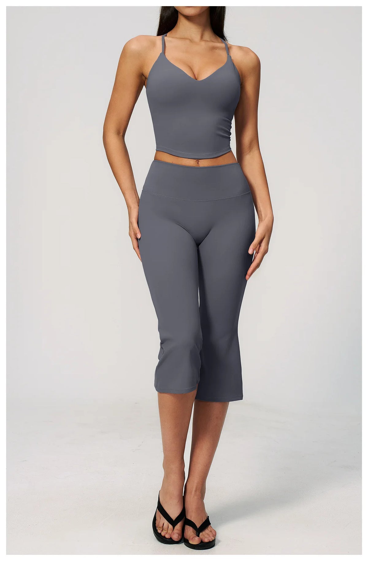 Summer New Yoga Clothing Women Solid V Neck Slim Sports Tank Top Athletic Wear High Waist Butt Lift Mid Pants Gym Fitness Suits