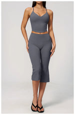 Summer New Yoga Clothing Women Solid V Neck Slim Sports Tank Top Athletic Wear High Waist Butt Lift Mid Pants Gym Fitness Suits